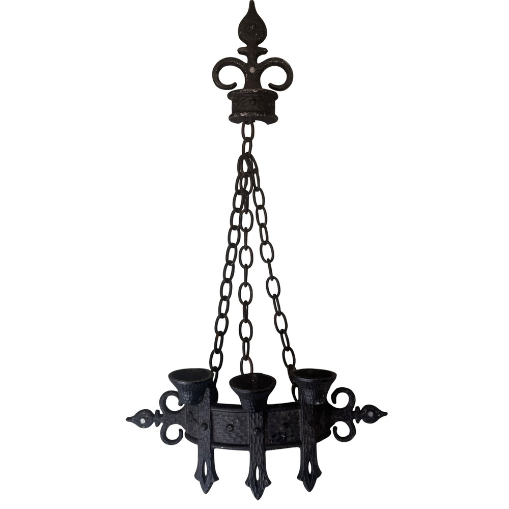 Vintage Sexton USA 1967 Gothic Medieval Cast Metal 3 Cup Hanging Sconce Black